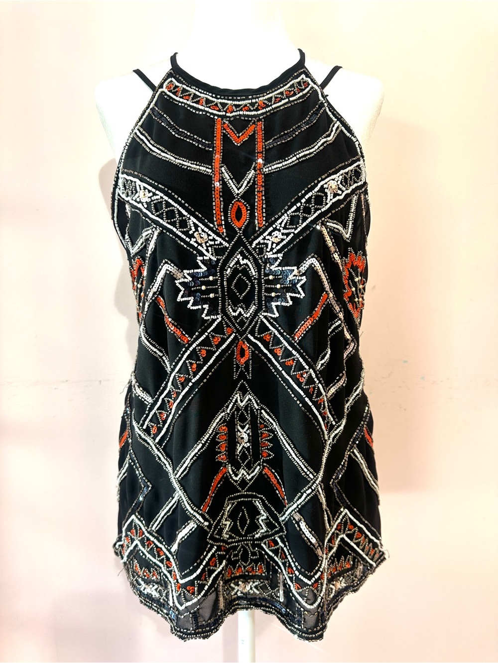 Parker Black Tank Top with Orange & Silver Beaded Geometric Design